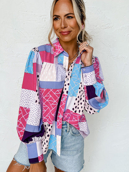 Geovanna - Camisa de Manga Larga Con Estampado Geométrico