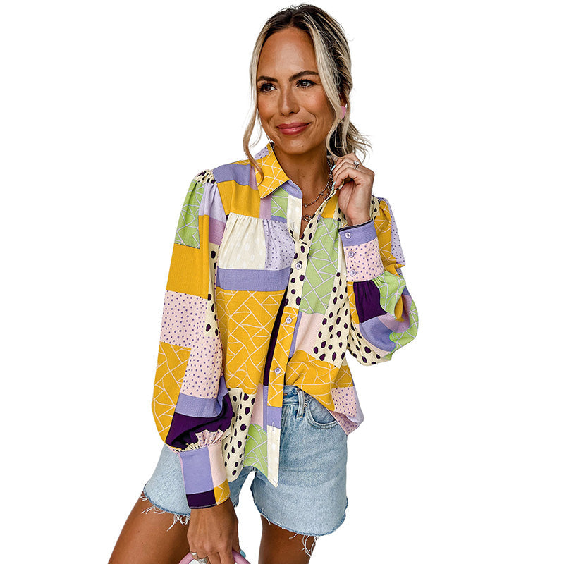 Geovanna - Camisa de Manga Larga Con Estampado Geométrico