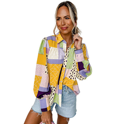 Geovanna - Camisa de Manga Larga Con Estampado Geométrico