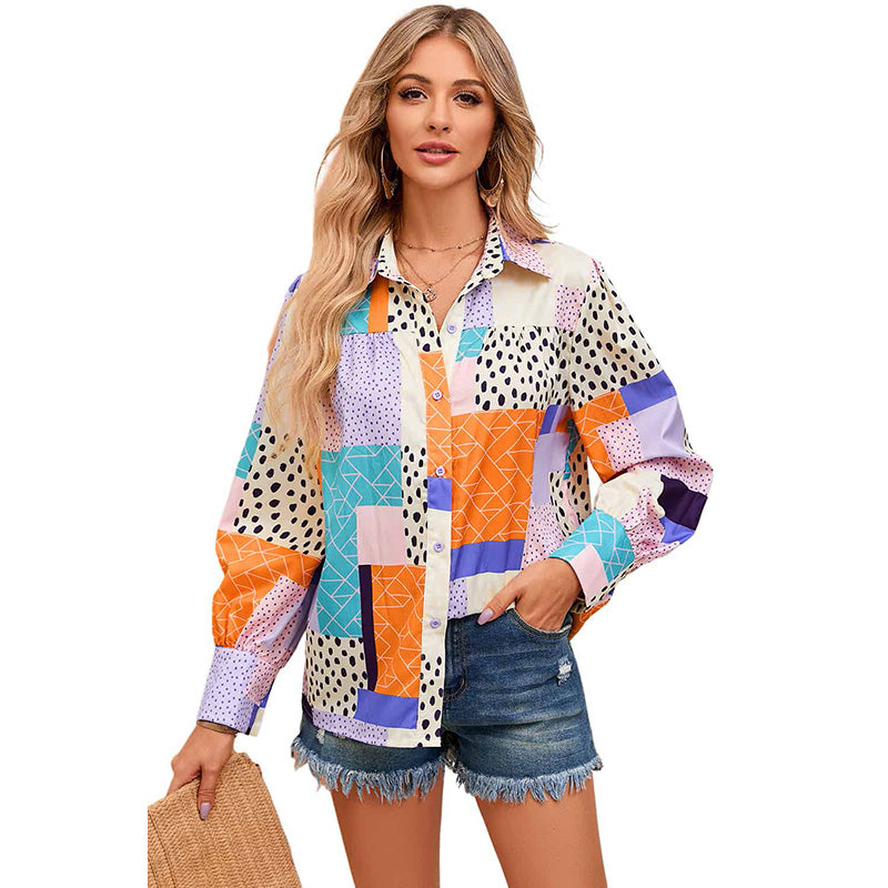 Geovanna - Camisa de Manga Larga Con Estampado Geométrico