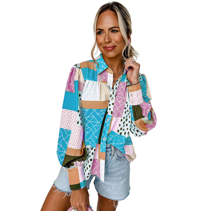 Geovanna - Camisa de Manga Larga Con Estampado Geométrico