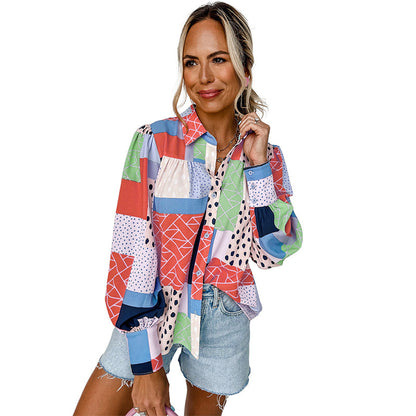 Geovanna - Camisa de Manga Larga Con Estampado Geométrico