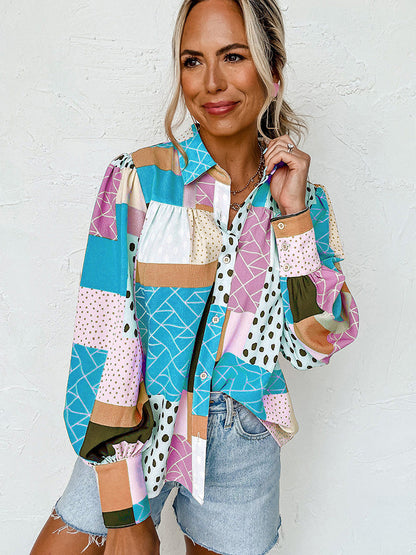 Geovanna - Camisa de Manga Larga Con Estampado Geométrico