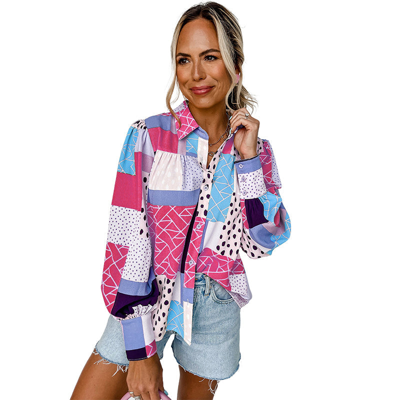 Geovanna - Camisa de Manga Larga Con Estampado Geométrico