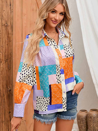 Geovanna - Camisa de Manga Larga Con Estampado Geométrico