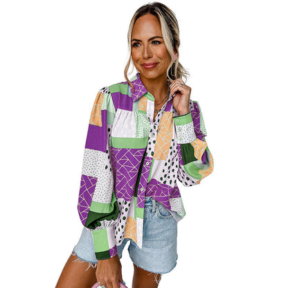 Geovanna - Camisa de Manga Larga Con Estampado Geométrico