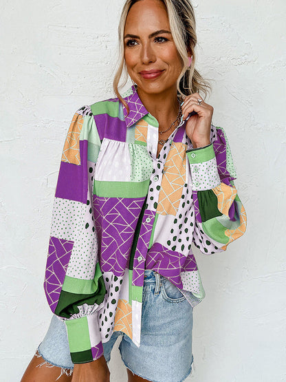 Geovanna - Camisa de Manga Larga Con Estampado Geométrico